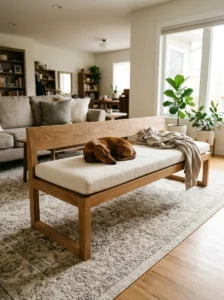 Dachshund resting on a low wooden bench with an open side and soft cushion