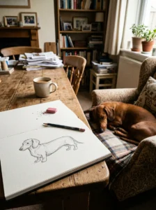 Beginner pencil sketch of a long-bodied dachshund with floppy ears.