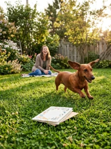 Playful dachshund interrupting a pregnancy announcement photoshoot in the garden.