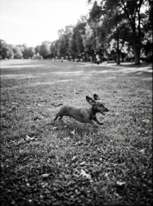 Black-and-white action photo of a dachshund running with its ears flying.