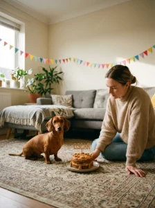 Dachshund beside a birthday cake with wooden sign and paper bunting kept separate.