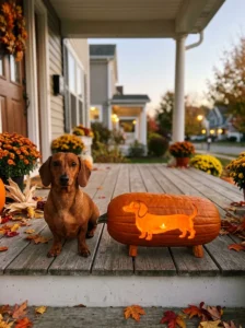 Dachshund sitting beside a long pumpkin carved with a matching dachshund design.