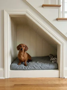 Dachshund resting at the taller end of an under-stairs dog bed nook