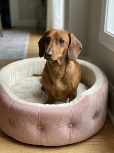 Dachshund sitting on a pink velvet tufted dog bed with a crown-print cushion