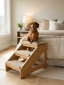Happy Dachshund sitting on handmade dog steps beside a bed