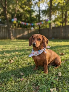 Dachshund wearing a crooked birthday bandana in a relaxed outdoor birthday portrait.