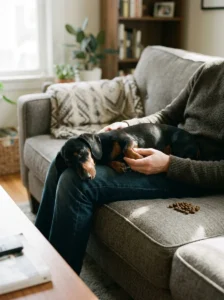 Dachshund learning to accept gentle paw handling during nail-care training Copy prompt