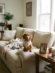 Dachshund sitting proudly on a sofa for a funny dog birthday photo caption.