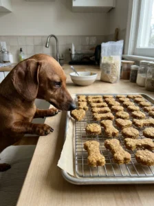 Dachshund sniffing a homemade pumpkin oat biscuit cooling on a tray.