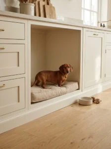 Dachshund standing inside a built-in dog bed alcove with extra headroom.
Copy alt text
