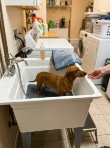 Dachshund standing on a non-slip mat in a raised laundry room dog wash tub.