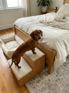 Dachshund using low pet steps beside an attached dog bed