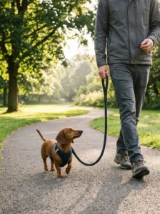Dachshund walking beside its owner with a loose leash and positive reinforcement.