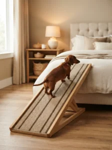 Dachshund using a gentle carpet-covered ramp to reach the bed