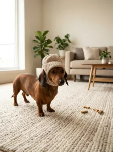 Dachshund comfortably wearing a stretchy knitted beanie with ear holes.