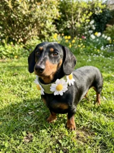 Dachshund wearing a soft felt daisy collar for spring photos
Copy prompt