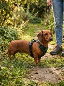 Dachshund wearing an adjustable harness designed to fit its long body.
