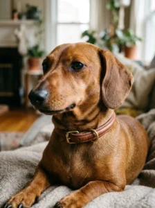 Dachshund wearing a slim rolled leather collar designed for a comfortable fit
