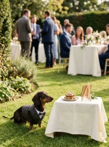 Dachshund wearing a wedding waistcoat beside a small paw-print dog cake