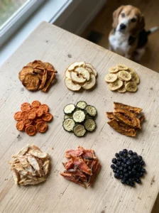 Nine homemade dehydrated dog treat varieties made from individual ingredients.