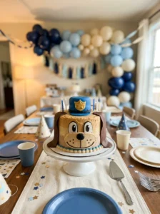 Finished homemade Dog Man-inspired birthday cake ready for a children's party.