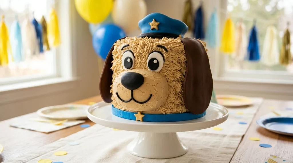 Homemade Dog Man birthday cake with floppy ears, blue police hat, and gold badge.