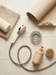 Dog bathing accessories including a non-slip mat, hair catcher, sprayer and towels.