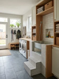 Indoor dog washing area with a raised tub, sprayer and towel storage.