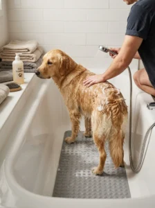 Safe dog bathing setup with non-slip flooring, a handheld sprayer and towels.