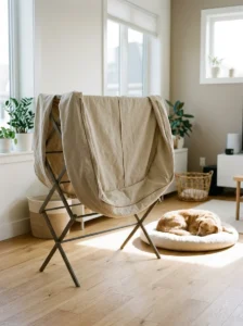 Clean washable cover for a homemade dog bed drying indoors
Copy prompt