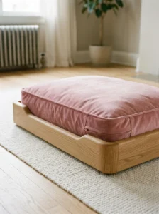 Pink velvet dog bed with secure seams and a sturdy low frame