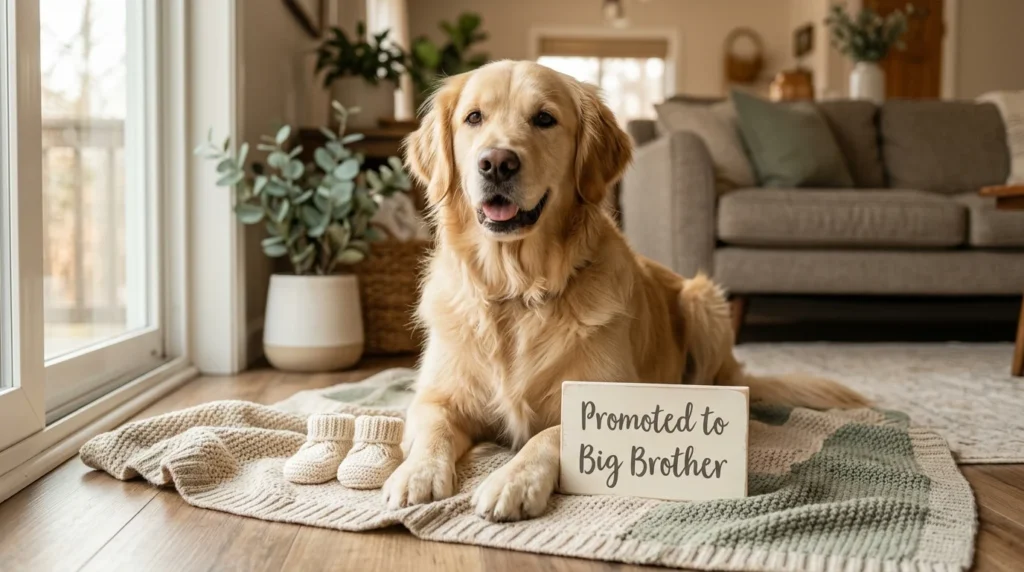 Golden retriever beside tiny baby shoes and a big brother pregnancy announcement sign.