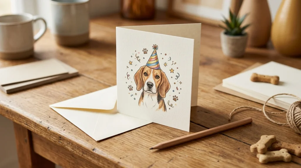 Illustrated dog birthday card featuring a beagle in a colorful party hat beside a cream envelope.