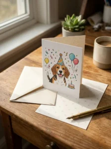 Cute dog birthday card featuring a beagle in a party hat, ready to send to a pet parent.