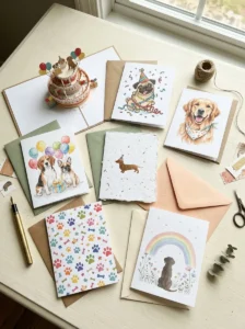 Dog birthday card ideas featuring funny illustrations, custom portraits, paw prints, and handmade designs.