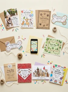 Ten dog birthday invitation ideas featuring photo cards, paw prints, bone shapes, and colorful party designs.