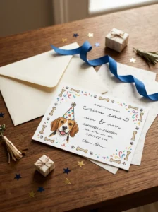 Cute dog birthday invitation featuring a beagle in a party hat, ready to send to guests.