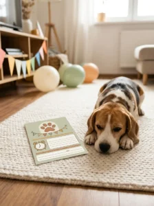 Dog birthday invitation with space for clear party start and end times beside a relaxed beagle.