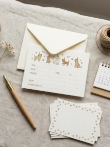 Dog birthday invitation card with space for party date, time, address, and RSVP details.