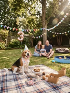 Dog birthday photoshoot ideas featuring party hats, bandanas, birthday cakes, outdoor portraits, and playful poses.