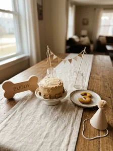 Dog birthday cake with separate wooden sign, felt number, paper bunting, and party hat props.