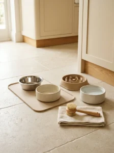 Dog bowl essentials including stainless steel bowls, a slow feeder, cleaning brush and non-slip mat.
