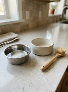 Undamaged stainless steel and ceramic dog bowls ready for safe daily use.