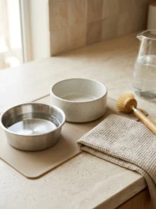 Clean stainless steel and ceramic dog bowls ready for daily washing.