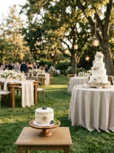Separate dog-friendly celebration cake displayed beside wedding reception decor