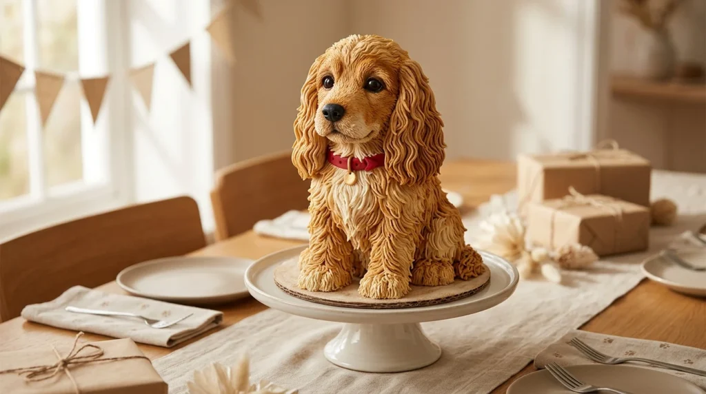 Realistic spaniel-inspired dog lover birthday cake with a floppy ear and cream buttercream frosting.