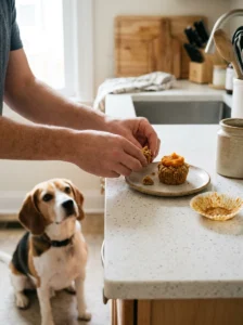 Homemade dog cupcake served without its paper liner for safer treat time.