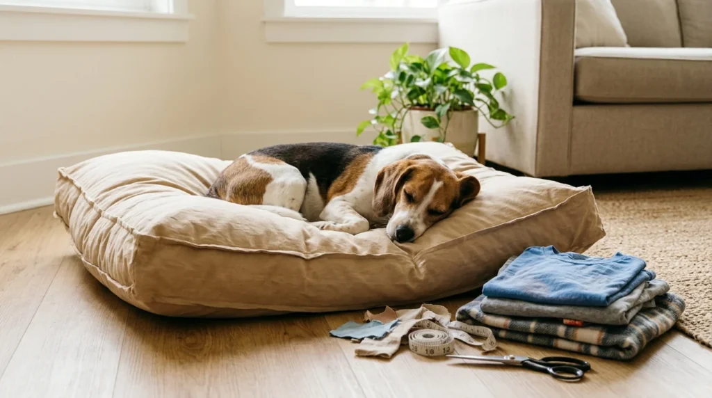 Beagle mix resting on a homemade DIY dog pillow bed
