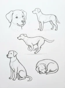 Step-by-step pencil sketches of easy dog drawing ideas in different poses.