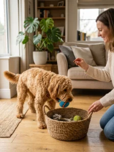Dog learning to put a squeaky toy into a storage basket